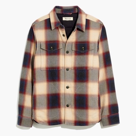 Madewell Quilted Shirt Jacket Plaid Navy Blue Red Cream Size M - Picture 3 of 9